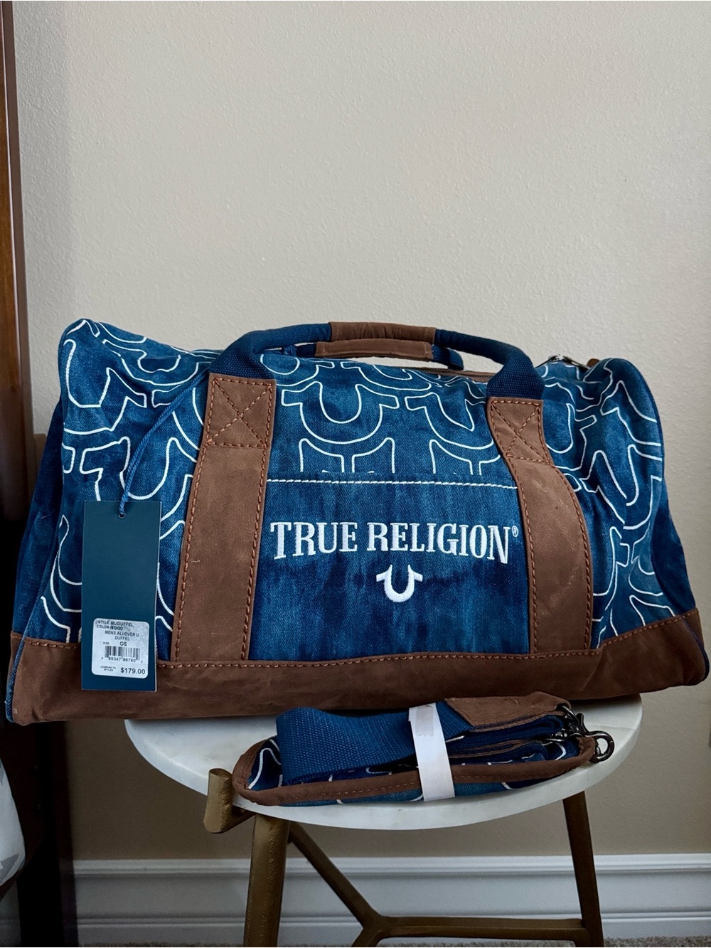 True Religion Blue & Brown Canvas Duffel Bag - Logo Travel Bag